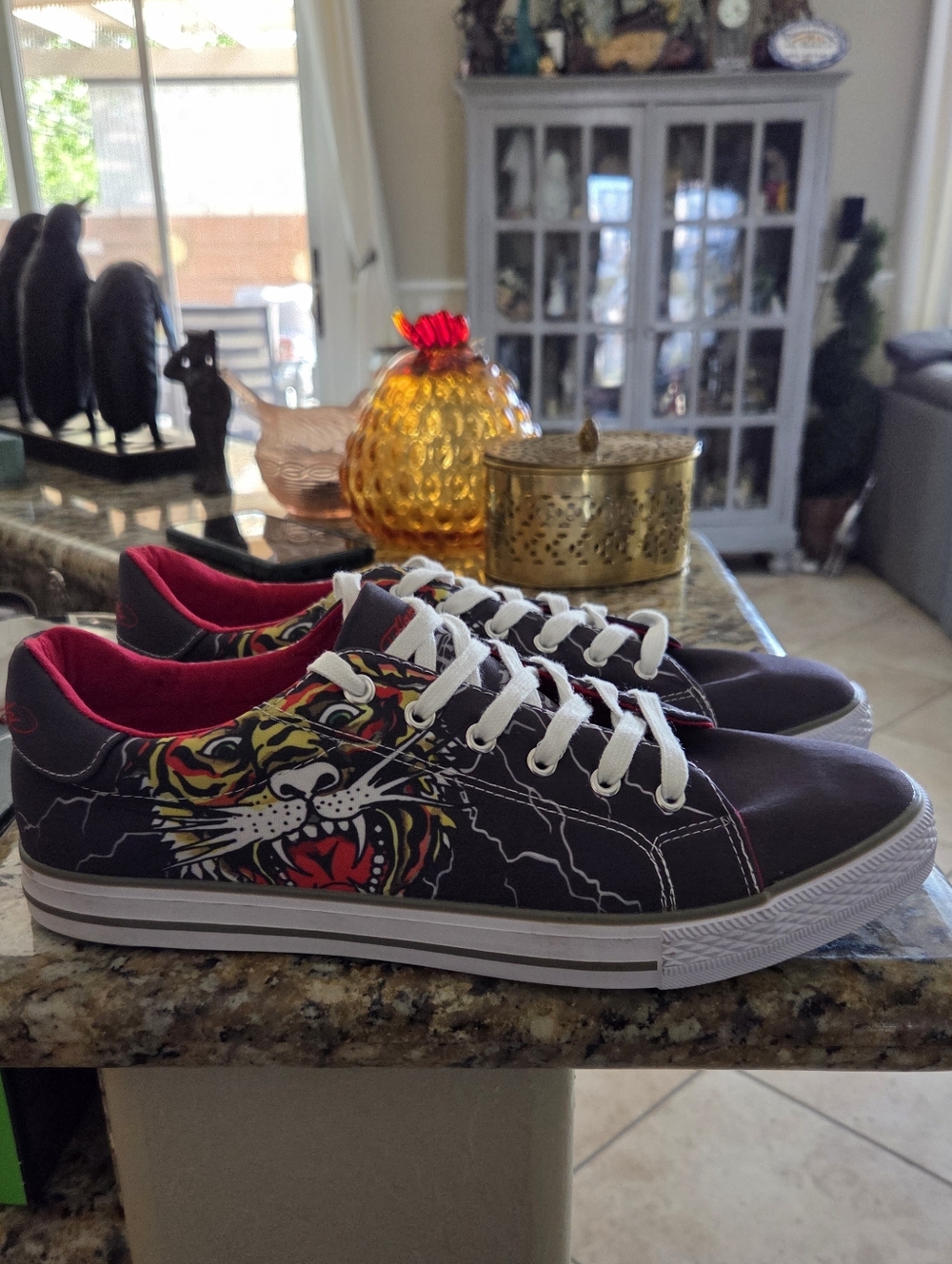 Ed Hardy Grey Sneakers with Multicolor Tiger Graphic
